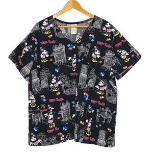 Disney Women's size 2XL Minnie Mouse Scrub Top V Neck Short Sleeve Shirt Black